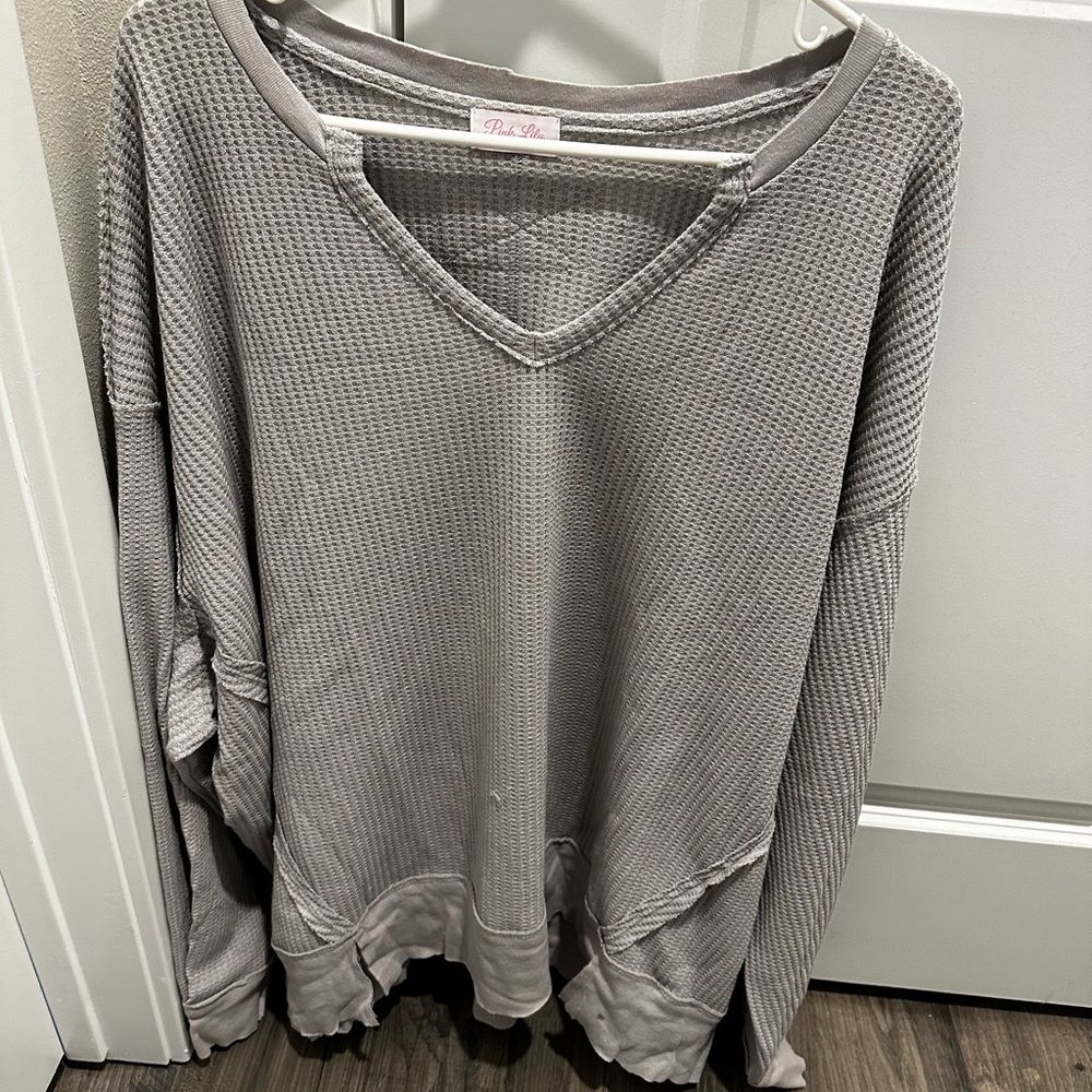 002 Pink Lily mocha waffle knit v-neck top